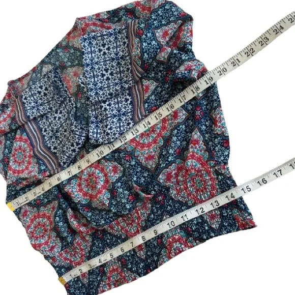 Blue & Red Women' S-M Floral Geometric Bohemian Design Sleeved V Neck Crop Top - Picture 9 of 10